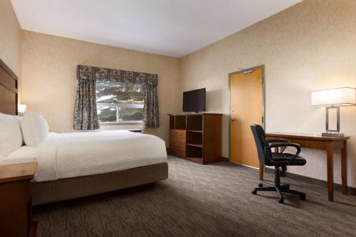 布鲁克斯Days Inn & Suites by Wyndham Brooks的酒店客房配有一张床、一张桌子和一把椅子。