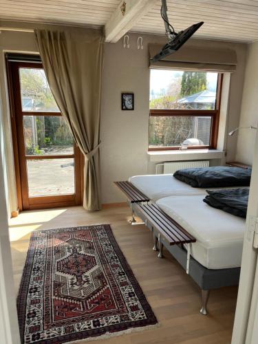 海宁Hus og have i Herning, 100 kvm ialt的一间卧室设有两张床、地毯和窗户。