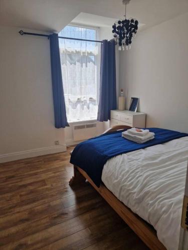 科克Beautiful 1-Bed Apartment in Cork的一间卧室配有床和蓝色窗帘的窗户