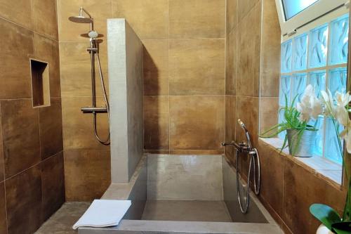 佩拉Monte das Fontainhas的设有带步入式淋浴间和盥洗盆的浴室