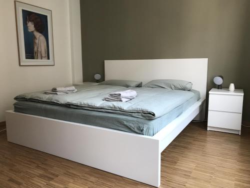 德累斯顿Appartement New Town的卧室里一张带两条毛巾的床