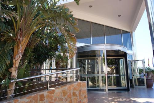 莫哈卡尔热带绿洲最佳酒店的一座带玻璃门和棕榈树的建筑的大堂