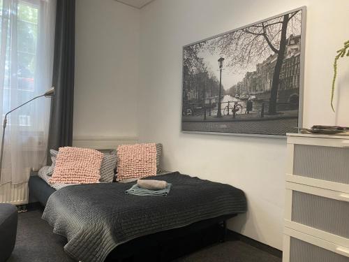莱比锡Apartment Leipzig Zentrum mit Tiefgarage的一间卧室配有一张带粉色枕头的床和一张照片