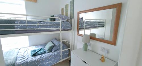 布莱奈费斯蒂尼奥格Cheerful 2 bed home with mountain views的一间卧室配有两张双层床和镜子