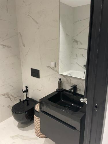 Le KramTunis Résidence california的浴室设有黑色水槽和镜子
