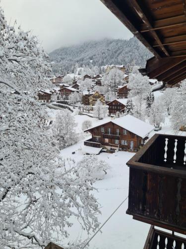 翁根Traditional chalet in Wengen的从阳台可欣赏到积雪覆盖的村庄的景色