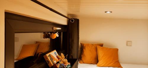 SalzhemmendorfTiny House 14 - Sollberg的卧室内的一张带橙色枕头的黑色双层床