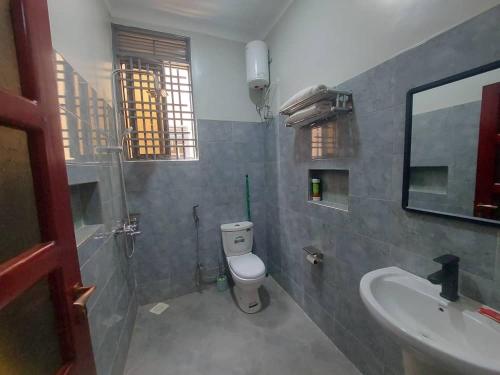 坎帕拉Precious Bahai nest 1BDR wifi Netflix的一间带卫生间、水槽和镜子的浴室