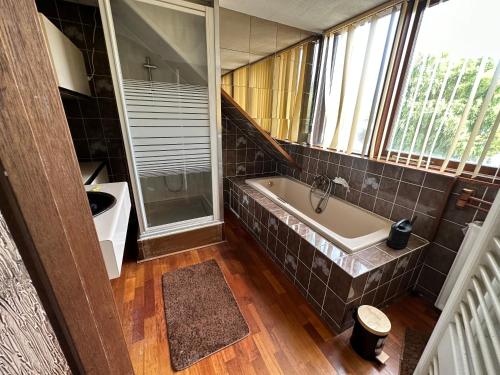 鹿特丹Wow的带浴缸、水槽和窗户的浴室