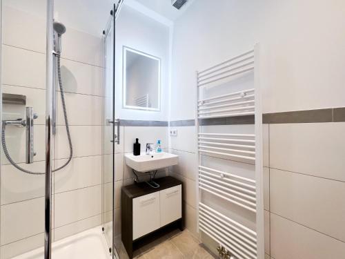 杜塞尔多夫Apartment Düsseldorf City的白色的浴室设有水槽和淋浴。