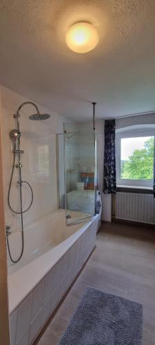 马克特布赖特Drachenburg的带淋浴和窗户的浴缸的浴室