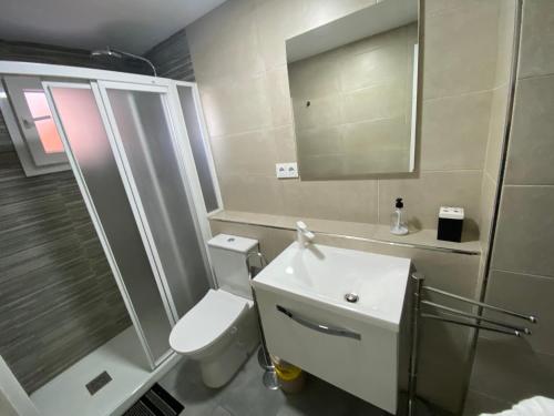 马拉加Habitación privada en piso compartido Cerca Aeropuerto的浴室配有卫生间、淋浴和盥洗盆。