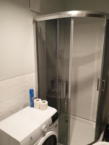 坎达瓦Ozolu apartement的浴室里设有淋浴间,配有两卷卫生纸