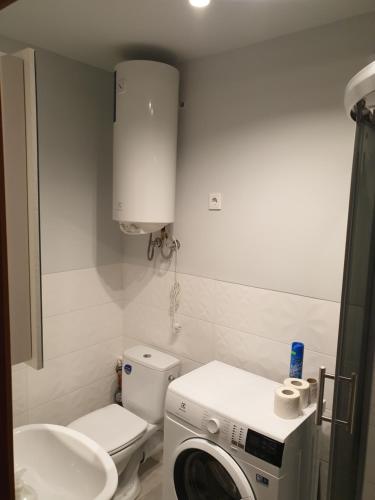 坎达瓦Ozolu apartement的一间带洗衣机和水槽的浴室
