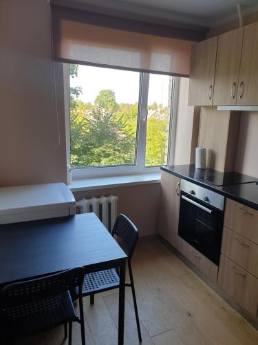 坎达瓦Ozolu apartement的一个带桌子和窗户的小厨房