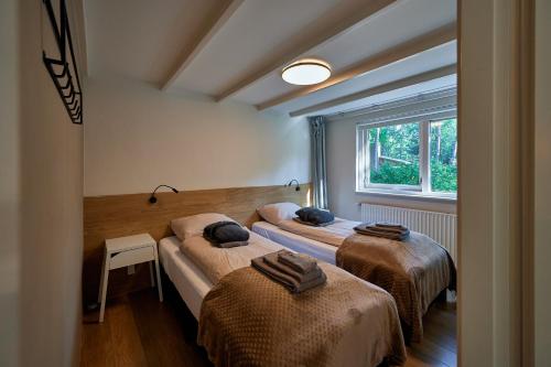 RheezerveenZEN-bungalow no 6 met sauna en hottub的带窗户的客房内的两张床