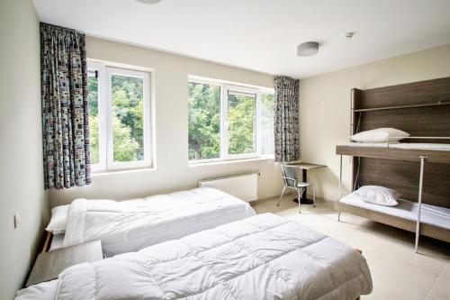 BohanJ-Club De Knapzak / La Besace的卧室设有两张床,配有窗户和钢琴