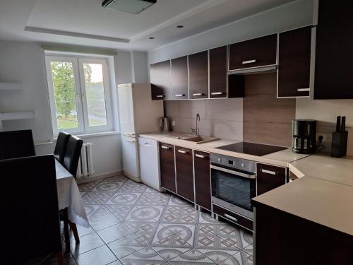 Apartament Maria的厨房配有棕色橱柜、桌子和窗户。