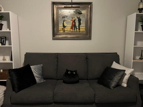 菲利普斯堡Little France的坐在客厅沙发上的一只黑猫