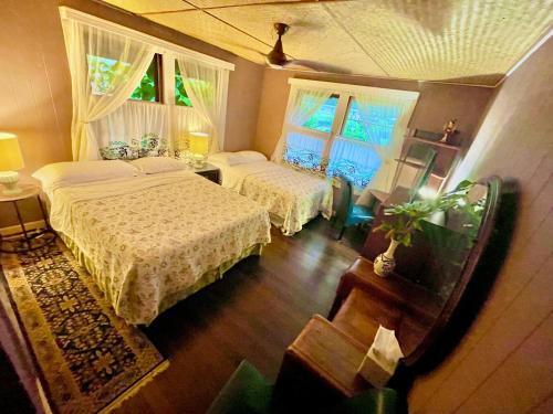希洛Shaka Shak Guest House的一间卧室设有两张床和两个窗户。