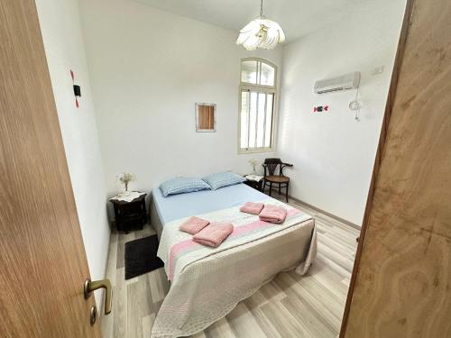 海法EMAN SWEET HOME - cozy privet unique apartment in haifa downtown的一间卧室配有带粉红色毛巾的床