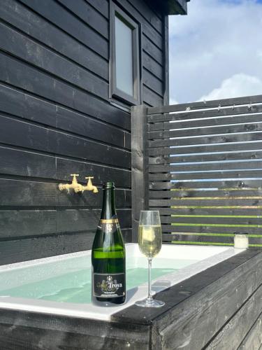 班特里Wild Hideaways Luxury Lodges and Eco Spa的一瓶葡萄酒和一杯坐在树 ⁇ 上的玻璃