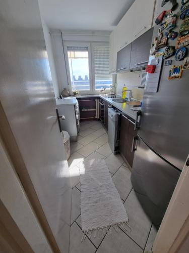 Novi BeogradUšće apartman的带冰箱的厨房和瓷砖地板。