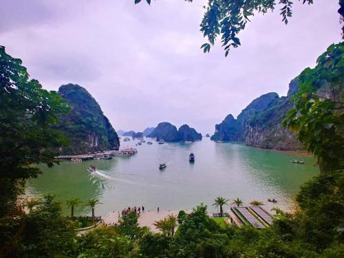 河内Halong Bay Full Day Cruise Kayaking, Swimming, Hiking:ALL INCLUDE的享有河流和水中船只的景色