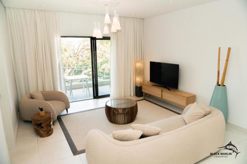 佩雷贝勒Black Marlin Apartments的带沙发和电视的客厅