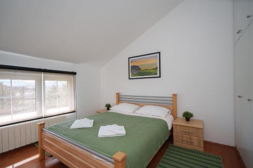 兹拉蒂博尔The Greens Family House的一间卧室设有一张大床和一个窗户。
