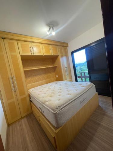 塞拉内格拉Piemonte Flat Serra Neg SP的一间卧室设有一张床、木制橱柜和窗户。