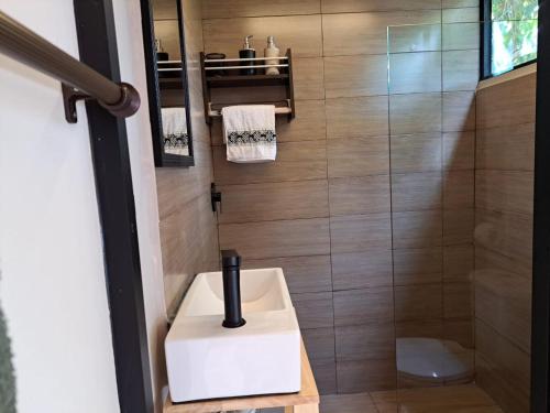 安巴托Jardines Ambato的一间带水槽和淋浴的浴室