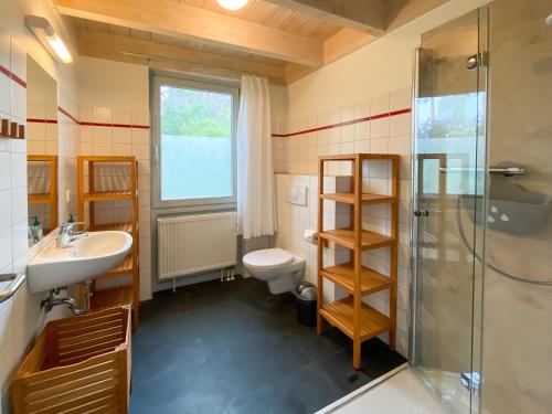 勒伯尔Ferienhaus Wiesengeflüster E3 - familienfreundlich nur 3 Minuten zum Strand的浴室配有盥洗盆、卫生间和淋浴。