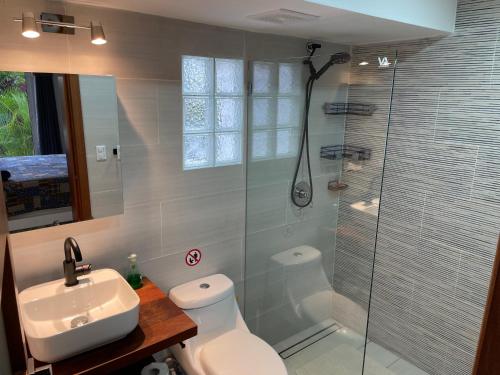 喀巴里特KITE BEACH Oceanfront LUXURY 1 BEDROOM - All new in 2022的带淋浴、卫生间和盥洗盆的浴室