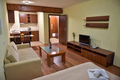 班斯科舒适公寓式酒店的带沙发、桌子和电视的客厅