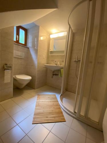 BrontalloCasa nonna Domenica的带淋浴和卫生间的浴室以及地毯。