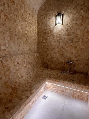 阿拉木图AQ Capsule Hotel的墙上设有灯光淋浴的房间