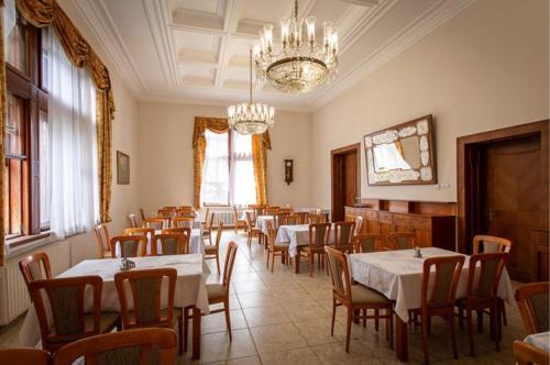斯莫列尼茨Smolenický zámok的一间带桌椅和吊灯的用餐室