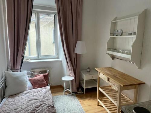 格拉茨Graz City Centre Apartment的小房间设有床、书桌和窗户