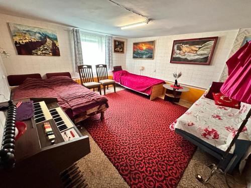 Kalnieši皮科卡尔奈酒店的一间位于红色地毯上的卧室,配有一张床和一架钢琴