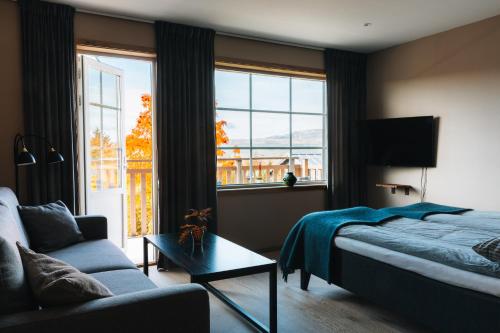 菲奈斯达伦Skoogs Logi - Rum的一间卧室配有一张床、一张沙发和一个大窗户