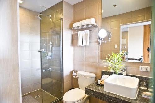 麦克坦Goldberry Suites & Hotel Mactan的带淋浴、卫生间和盥洗盆的浴室