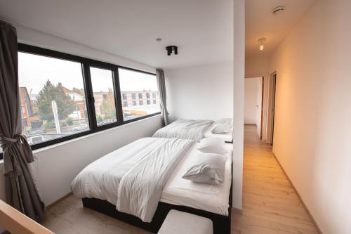 扎芬特姆K&Y suites 2 ,500m to Brussels airport!的带窗户的客房内的两张床