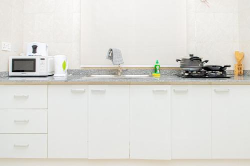 莱基Novara Apartments的白色的厨房配有微波炉和炉灶。