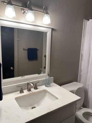 埃尔帕索Comfy Retreat的一间带水槽、镜子和卫生间的浴室