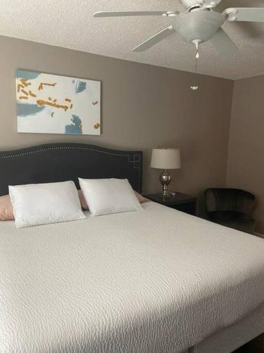 埃尔帕索Comfy Retreat的一间卧室配有一张带两个枕头的床和吊扇