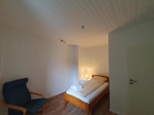美因茨Privatzimmer im Schlesischen Viertel - nahe Uniklinik的一间卧室配有一张床和一张蓝色椅子