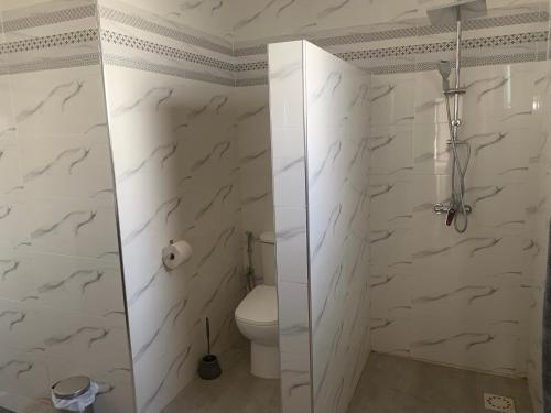 恩加帕鲁Chambre meublée indépendante Les Hirondelles的浴室设有白色大理石墙壁和卫生间。