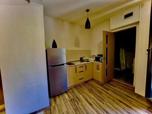 第比利斯HotelHarmony的带冰箱的厨房和木地板