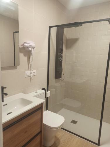 桑亨霍Apartamentos Silgar Plaza的带淋浴、卫生间和盥洗盆的浴室